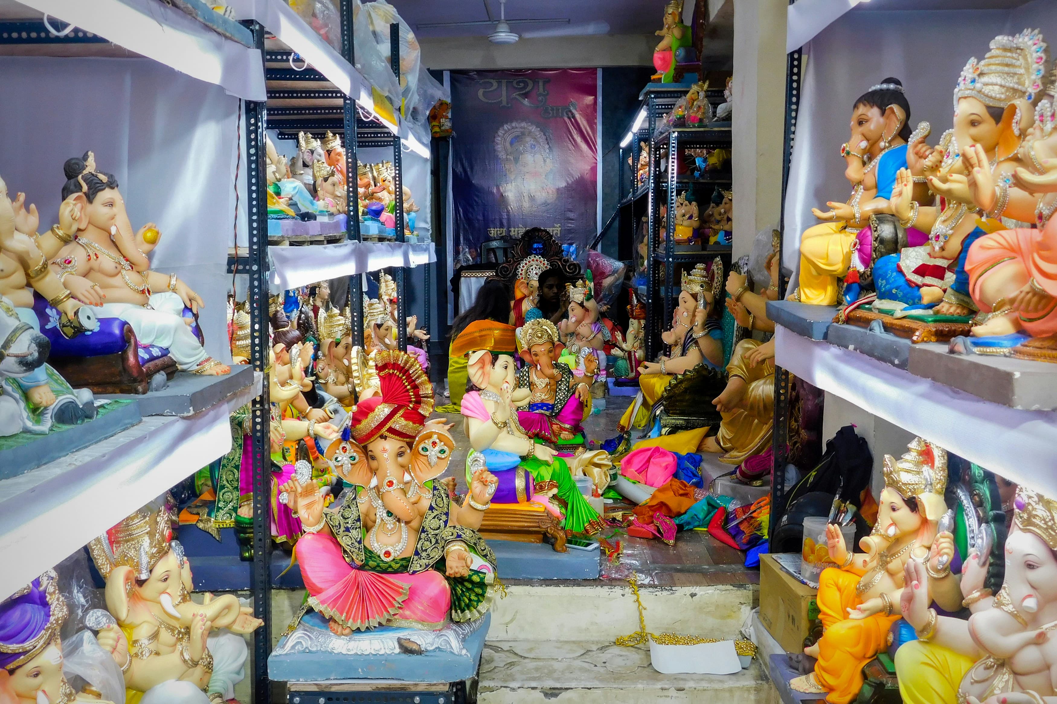 Beautiful idols of Lord Ganesha at a workshop during Ganesh Chaturthi 2019 in Mumbai
