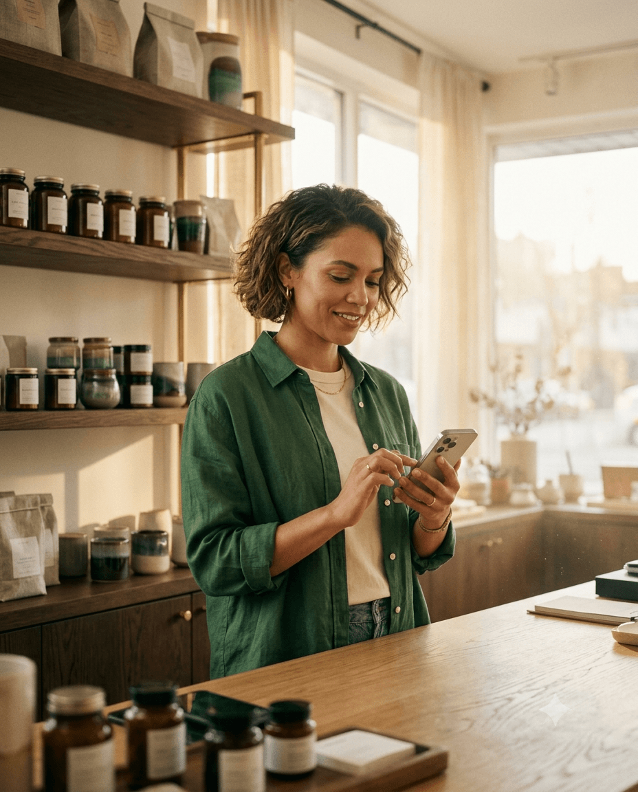 A shop owner at the billing counter, managing the business on their phone